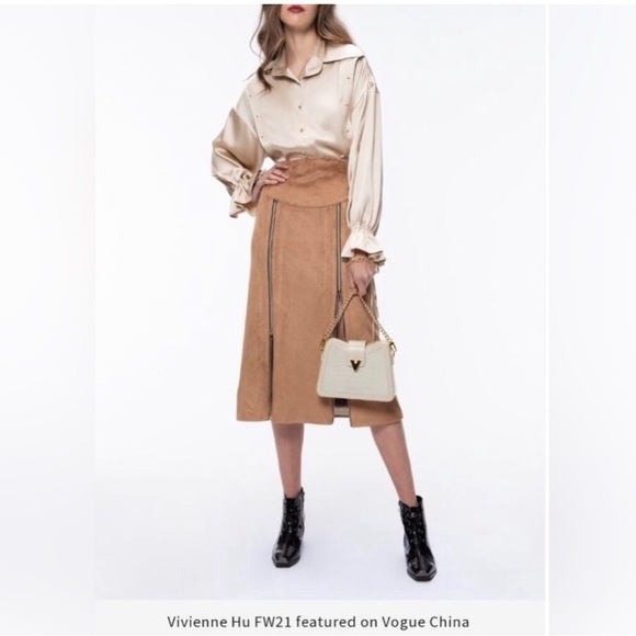 NWT Vivienne Hu Zippered Two Zip Midi Suede Skirt Designer...
